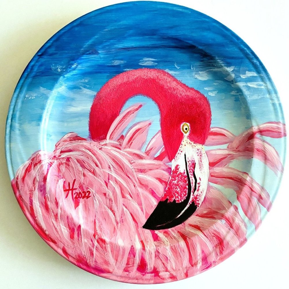Original Pink Flamingo Hand Painted Ceramic Plate Art Tristina Dietz Elmes